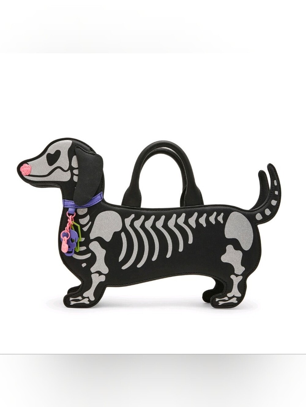 Betsy Johnson Black Dachshund Skeleton Dog Tote Bag with Pink Accent